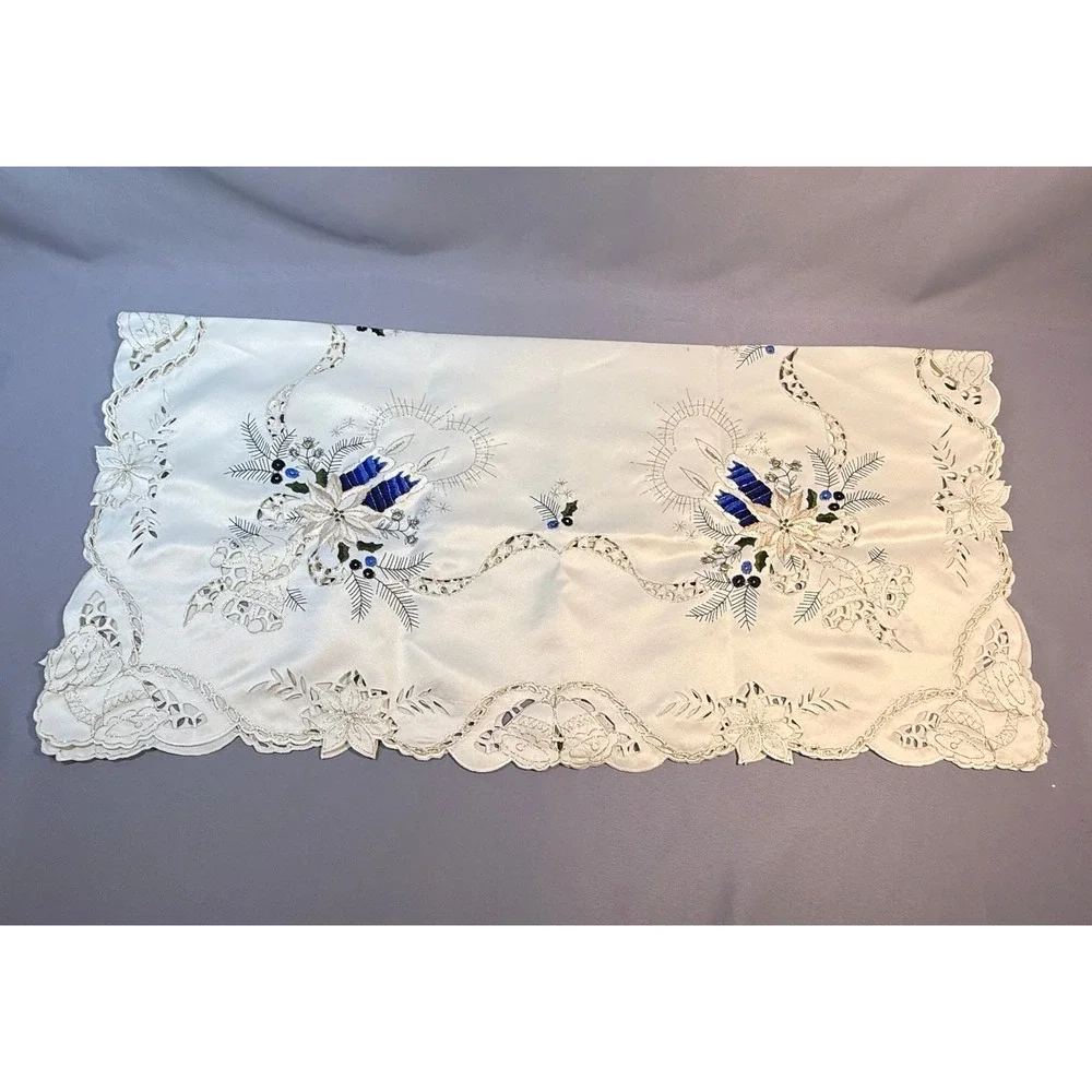 Vintage Embroidered Square Christmas Satin‎ Table Topper White & Blue Cottage